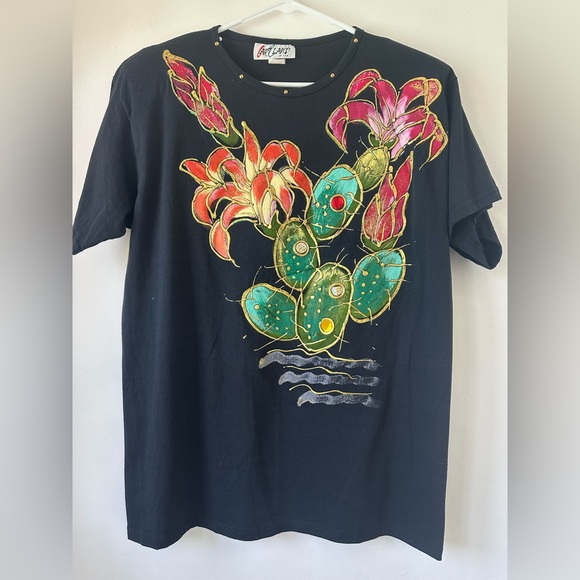 Vtg Art Land Black Cotton Blend Embellished Cactus Floral Long T-Shirt One Size - Picture 3 of 7